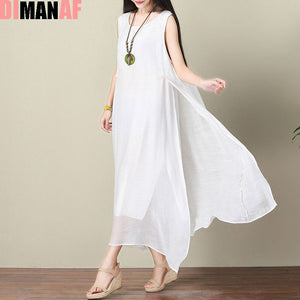 DIMANAF Women Dress Plus Size Summer Linen Sleeveless Sundress Split Solid Holiday Beach Female White Fashion Maxi Silk Dresses