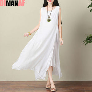 DIMANAF Women Dress Plus Size Summer Linen Sleeveless Sundress Split Solid Holiday Beach Female White Fashion Maxi Silk Dresses