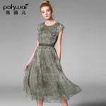 POKWAI Elegant Vintage Summer Silk Dress Women Fashion High Quality 2017 New Arrival Short Sleeve O-Neck Print A-Line Dresses