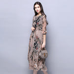 100% Silk Chiffon Dress Vintage Women Dresses With Lining Chinese Style Flower Printed Silk Fabric