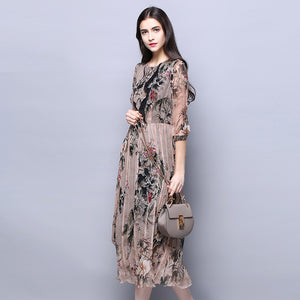 100% Silk Chiffon Dress Vintage Women Dresses With Lining Chinese Style Flower Printed Silk Fabric