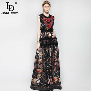 New 2017 Fashion Runway Maxi Dress Women Floor Length Sleeveless Elegant Rose Flower Print Floral Embroidery Vintage Long Dress