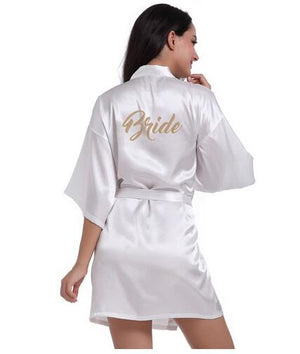 RB71 Fashio Bridal Party Robe Letter Bride on the Robe Back Women Short Satin Wedding Kimono Sleepwear Spa Robes for Ladies