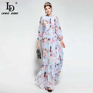 LD LINDA DELLA 2018 Runway Maxi Dress Women's Long Sleeve Casual Bohemian Holiday Chiffon Angel Pattern Floral Print Long Dress