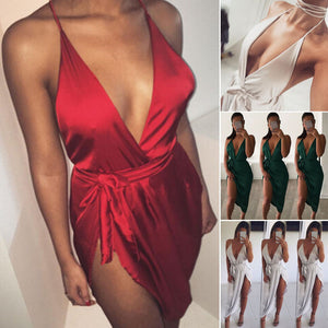 Women Summer Dress Deep V Neck Sexy Sleeveless Silk Mini Dress Evening Party Short Mini Dress