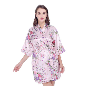 Silk Satin Wedding Bride Bridesmaid Robe Floral Bathrobe Short Kimono Robe Night Robe Bath Robe Fashion Dressing Gown For Women