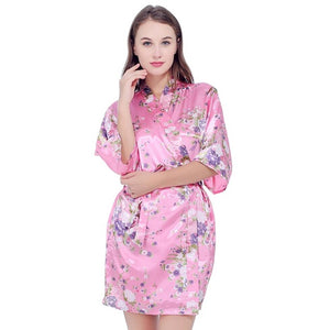 Silk Satin Wedding Bride Bridesmaid Robe Floral Bathrobe Short Kimono Robe Night Robe Bath Robe Fashion Dressing Gown For Women