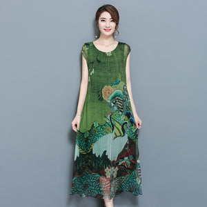 Spring Summer Green Vintage Floral Print Dresses Women O-Neck Short Sleeve Silk Dress With Sashes Mid-Calf Vestidos Big Size 4XL