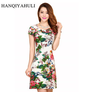 HANQIYAHULI 5XL 2018 Women Summer style dress Slim Tunic Milk Silk print Floral Casual Plus Size vestido feminino loose dresses