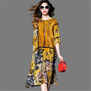 2018 Women Dress Elegant Floral Spring Summer Three Quarter Sleeve Vestidos Chinese Vintage Print Faux Silk Dresses High Quality