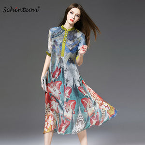 2018 100% Real Silk Long Dress Women Spring Vintage Print Loose Dresses Top Quality Half Sleeves Europe and America