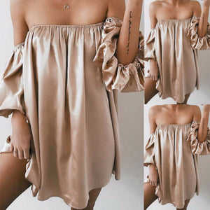 Women Short Sleeve Silk Dresses Off shoulder Party Clubwear Dress Women Slash Neck Loose Mini Dress