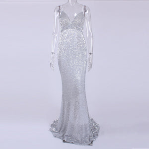 Sexy Stretch Silver Sequin Maxi Dress Hollow Out Floor Length Summer Party Dress Padded V Neck Backless Mermaid Dress