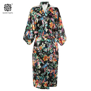 NORA TWIPS Autumn Style Long Kimono Silk Robe Women Floral Print Satin Silk Wedding Bride Bridesmaid Robe kimono seide Bathrobe