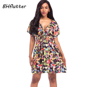 BHflutter Women Dress 2018 New Style High Wasit V neck Sexy Summer Dress Batwing Sleeve Ice Silk Casual Beach Dresses Plus Size