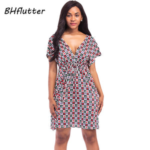 BHflutter Women Dress 2018 New Style High Wasit V neck Sexy Summer Dress Batwing Sleeve Ice Silk Casual Beach Dresses Plus Size