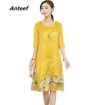 Anteef yellow chiffon silk vintage floral print plus size women casual long loose summer dress vestidos femininos 2018 dresses