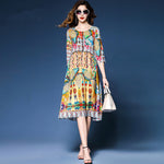 Spring Summer Lady Elegant Multicolor Retro Print Dresses Three Quarter Sleeve High Quality Faux Silk Women Weekend Casual Dress