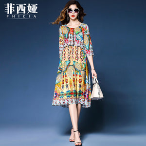 Spring Summer Lady Elegant Multicolor Retro Print Dresses Three Quarter Sleeve High Quality Faux Silk Women Weekend Casual Dress