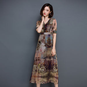 2018 Summer Style Vintage Printed Casual Dresses V Neck Elegant High Waist Slim Dress Short Sleeve Faux Silk Vestidos Mujer 3XL