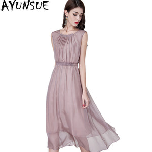 AYUNSUE 2018 Casual Natural Silk Long Dress Summer Women Solid Sleeveless Evening Party Dresses Vestido Elegant Plus Size YQ1363