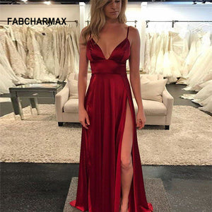 High waist v neck silk satin long dress summer 2018 elegant evening party slip dresses women wine red green sexy slit maxi dress