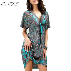 ELEXS Summer Women Sexy dress Boho Deep V Ethnic Floral Print Tunic Beach Dresses Robe Sexy Casual Silk Dress E8407