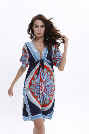 ELEXS Summer Women Sexy dress Boho Deep V Ethnic Floral Print Tunic Beach Dresses Robe Sexy Casual Silk Dress E8407