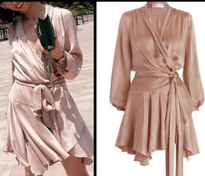 Women Sueded Asymmetric Wrap Silk Mini Dress Sexy V-neckline Long Sleeve Silk Wrap Dress With Ruffle Detail