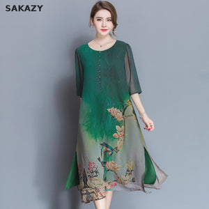 Sakazy Summer Plus Size Chinese Style Printed Midi Dress Women Elegant High Quality Haut Party Dress Robe Vintage Dresses