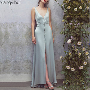 Summer Sexy Deep V Neck Sleeveless Faux Silk Satin Long Dress Women Ladies Elegant Backless Split Bodycon Maxi Party Dresses