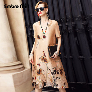 Dress party evening elegant lady summer fashion royal print floral lady plus size loose women silk summer A-line dress S-XXL