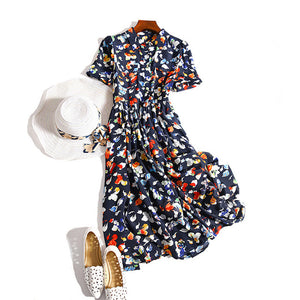 Women Summer Silk Dress Shirt Dress Floral Print Vintage Natural silk Shirt dresses Maxi Elegant Vestido real silk Long dress