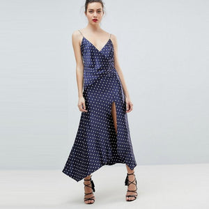 Women Polka Dot Dress Loose Summer Maxi Dress High Slit Spaghetti Strap Sleeveless Sexy Beach Dresses Vestidos