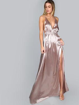 Summer maxi party dress purplish-pink silk satin long dress sexy strap backless beach deep V elegant long dress