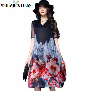 Elegant Imitate Real Silk Dress 2018 Summer Casual Vintage V-Neck Women Dresses Fashion Patchwork Print Dresses Vestidos JXT174