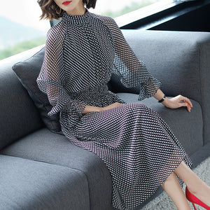 2018 Spring Dress High End Elegant Women's Real Silk Wave Point Printing Luxury Silk Slim A-line Dress B66