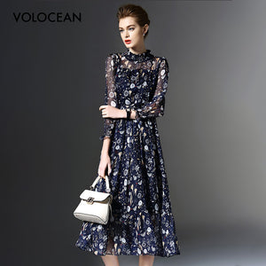 VOLOCEAN 2018 Maxi Dress For Women Fashion Summer Dresses Turtlneck Print Dress Women Slim Elegent Vintage Silk Female Dress