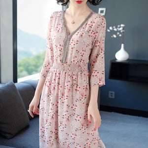 Azterumi Womens V-Neck Slim Vintage Silk Floral Dress Summer 2018 Spring New Women's Midi Sexy Party Dresses Fashion Clothing